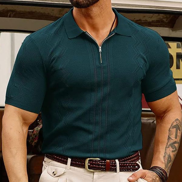 Men Solid Casual Polo Neck Short Sleeves Ribbed Knit Top