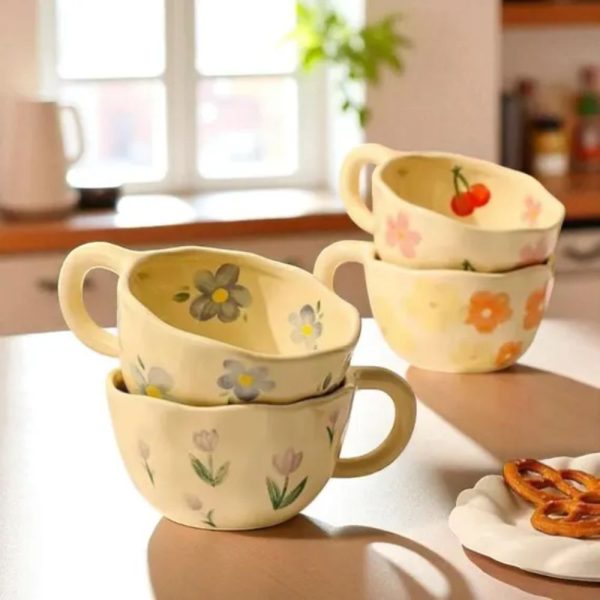 4 Color Coffee Mugs Ceramic Mugs Coffee Cups Hand Pinched Asymmetric Flower Milk Tea Cup Ins Korean Style Oatmeal Breakfast Mug Drinkware Kitchen Back To School - Image 2