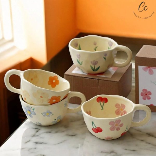 4 Color Coffee Mugs Ceramic Mugs Coffee Cups Hand Pinched Asymmetric Flower Milk Tea Cup Ins Korean Style Oatmeal Breakfast Mug Drinkware Kitchen Back To School - Image 4