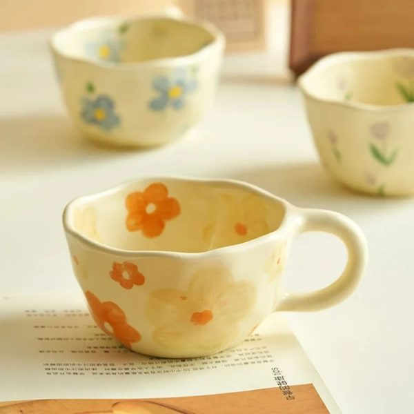 4 Color Coffee Mugs Ceramic Mugs Coffee Cups Hand Pinched Asymmetric Flower Milk Tea Cup Ins Korean Style Oatmeal Breakfast Mug Drinkware Kitchen Back To School - Image 3