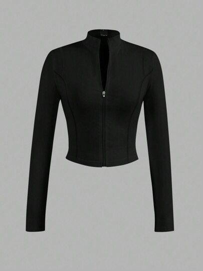 Slaydiva Simple Casual Women’s Autumn-Winter Stretchy Jacket With Half-Neck Zipper, V-Neck, And Tight Long Sleeves – B