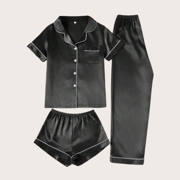3pcs/Set Women's Contrast Trim Solid Color Faux Silk Collared Pajama Set