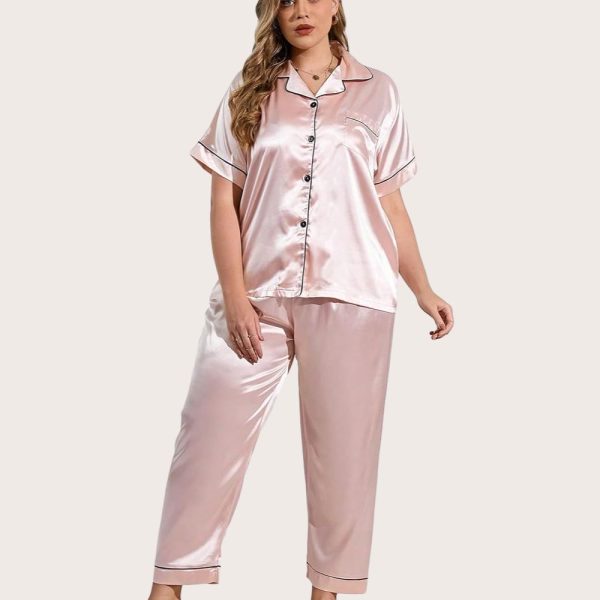 3pcs/Set Women's Contrast Trim Solid Color Faux Silk Collared Pajama Set - Image 3