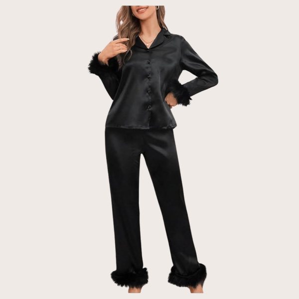 3pcs/Set Women's Contrast Trim Solid Color Faux Silk Collared Pajama Set - Image 4