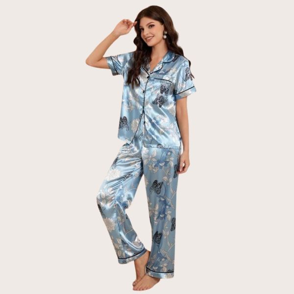 3pcs/Set Women's Contrast Trim Solid Color Faux Silk Collared Pajama Set - Image 5